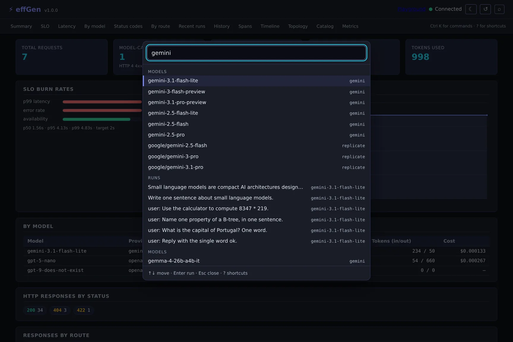 The command palette open over the dashboard with gemini typed into it. The results are grouped: a Models heading over catalogue ids with their provider on the right, then a Runs heading over stored runs matched on their task text, each showing the model that answered. The footer reads: up and down move, Enter run, Esc close, question mark shortcuts.